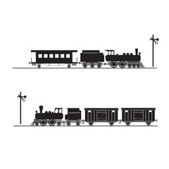 Black silhouettes of locomotives, carriages and tenders. Railway