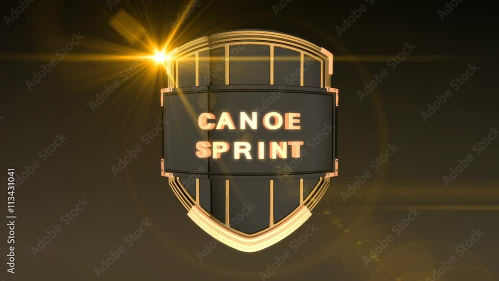 Poster seamless looping 3d animation of the word canoe sprint on a shield – orange light version; including