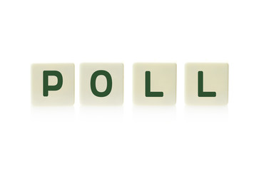 Word "Poll" on board game square plastic tile pieces, isolated on a white background.