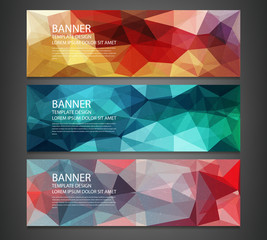 Three banners with abstract multicolored polygonal mosaic background. Modern geometric triangular pattern. Business design template. Website header template. Vector