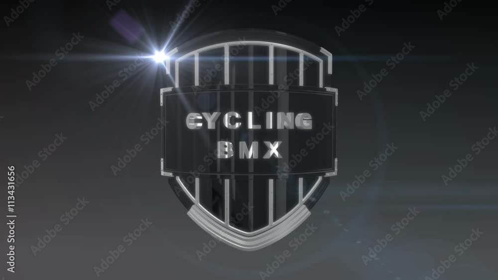 Poster seamless looping 3d animation of the word cycling bmx on a shield – chrome version; including alpha 