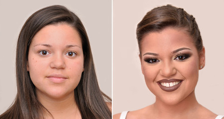 Teenage girl before and after applying make-up, hairstyling and teeth whitening
