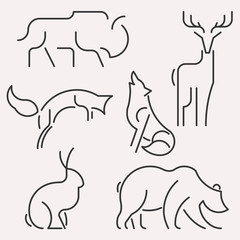 Vector line forest animals logo set. Linear figure bison, deer, fox,wolf, hare, bear