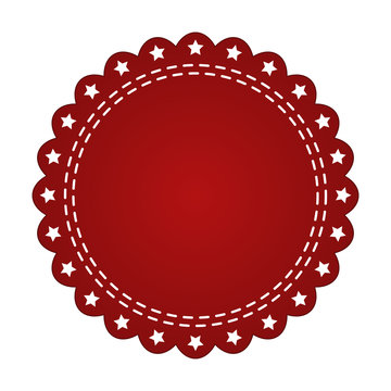 Embroidered red round ribbon stamp isolated on white. Can be used for banner, award, sale, icon, logo, label etc. Vector illustration