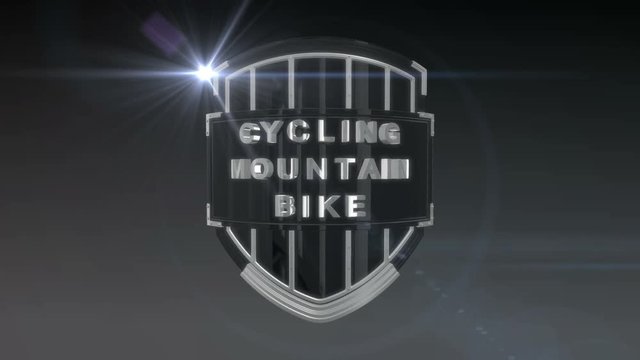 Seamless looping 3D animation of the word Cycling Mountain Bike on a shield &ndash; chrome version; including alpha matte