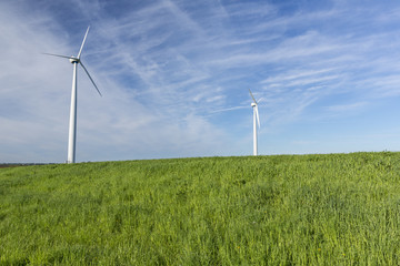 Wind Turbines In Grassy Field