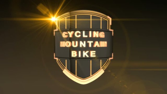 Seamless looping 3D animation of the word Cycling Mountain Bike on a shield &ndash; orange light version; including alpha matte