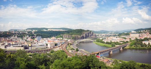 Fototapeta na wymiar City skyline Usti nad Labem panorama, Czech republic, Labe Elbe river, brigde, Vetruse view