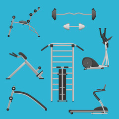 Sport fitness gym exercise equipment machines set. Dumbbells and wokout machines.