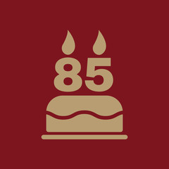 The birthday cake with candles in the form of number 85 icon. Birthday symbol. Flat