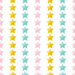 Cute pink, mint green and gold stars seamless pattern background.