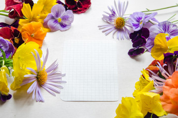 Colorful and beautiful flowers and a sheet of paper on the white background