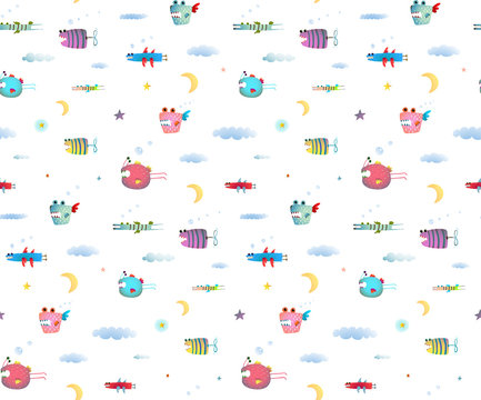 Monster Fly Fish seamless pattern for Kids Design background