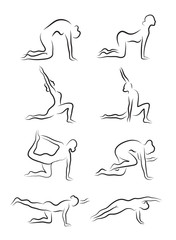 Set of sketches of silhouettes of yoga asanas. The girl is engaged in yoga. vector illustration