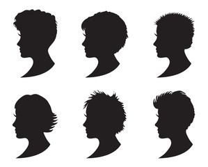 Set of black silhouette girl head with different hairstyle. Short haircuts. Young women face in profile with short hair. Isolated on white background. Vector illustration