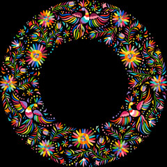 Mexican embroidery round pattern. Colorful and ornate ethnic frame pattern. Birds and flowers on the black background.