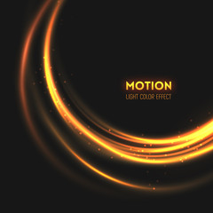 The rings of light with sparkling lines. Bokeh particles on the swirling circles. Motion element on dark background glowing light. Shiny neon color dodge effect. Vector illustration.