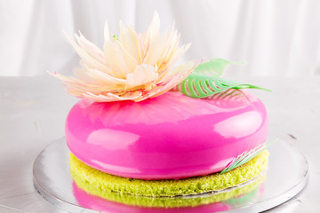 Fototapeta na wymiar Bright pink mousse cake with mirror glaze