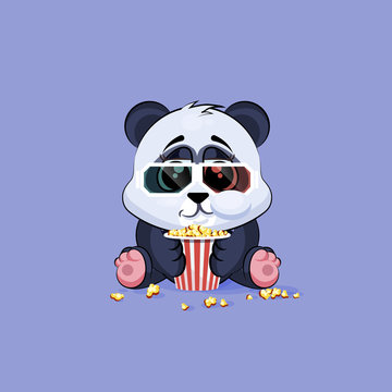 Illustration Emoji character cartoon Panda chewing popcorn, watching movie in 3D glasses sticker emoticon