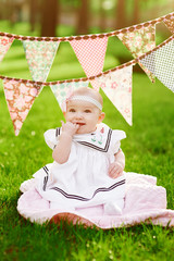 happy little girl sitting on grass with flags © timonko
