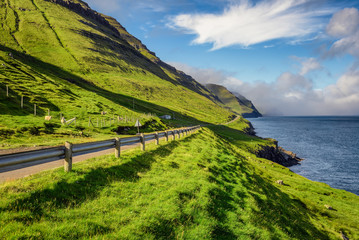 Naklejka premium Road through the island of Kalsoy, Faroe Islands