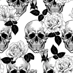 Behang Doodshoofd met bloemen Schedel en rozen. vector naadloos patroon