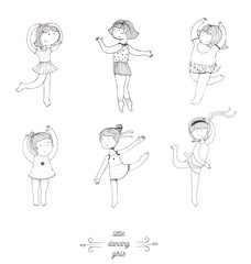 Black and white set of vector handdrawn dancing girls. Cute and fun girls in various poses, with smile on face, moving in steps. Isolated on white illustration, good for dance studio, dance school.
