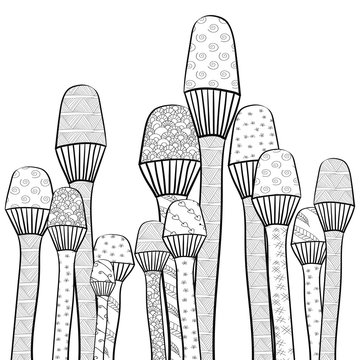 Adult coloring book page. Magic mushrooms garden whimsical line art. Hand drawn vector illustration