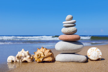 Concept of harmony and balance. Rock Zen and seashells