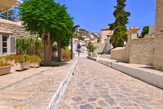 traditional houses and road without cars at Hydra island Greece