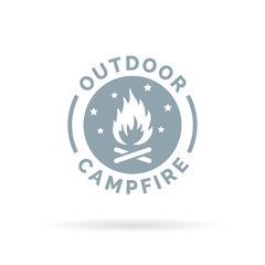 Outdoor campfire icon with wood fire and night sky sign. Vector illustration.