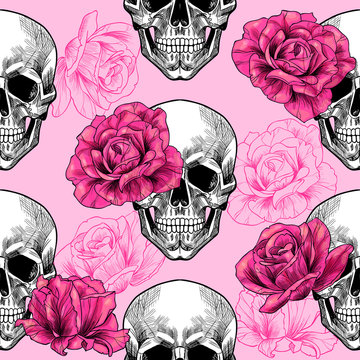 Skull and roses .Vector seamless pattern