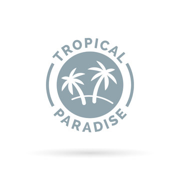 Tropical island paradise icon with palm trees symbol. Vector illustration.