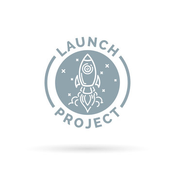 Launch new start up project icon with grey flying space rocket button symbol. Vector illustration.