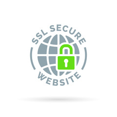 Secure SSL website icon. Secure global symbol. Grey globe with green padlock sign isolated on white background. Vector illustration.