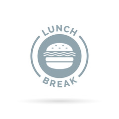 Fastfood lunch break badge sign with a cheeseburger meal icon silhouette. Vector illustration.