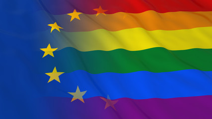 Gay Pride in Europe Concept - Merged Rainbow Flag and European Union Flag 3D Illustration