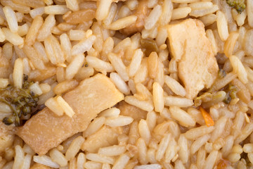 Close view of chicken in a sauce with rice.