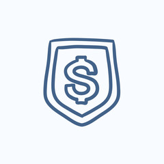 Shield with dollar symbol sketch icon.