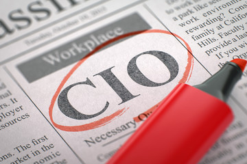 CIO - Small Ads of Job Search in Newspaper, Circled with a Red Marker. Blurred Image with Selective focus. Job Seeking Concept. 3D. - obrazy, fototapety, plakaty