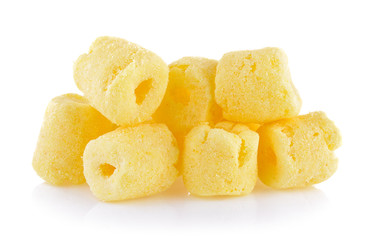 Crunchy corn snacks on a white background