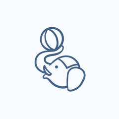 Circus elephant playing with ball sketch icon.