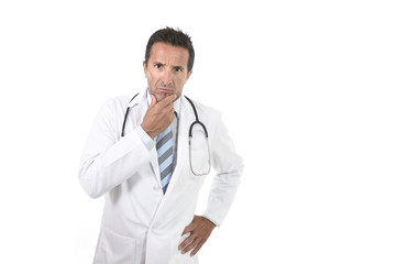 40s attractive male medicine doctor with stethoscope wearing medical gown in worried and stress