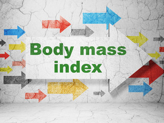 Healthcare concept: arrow with Body Mass Index on grunge wall background