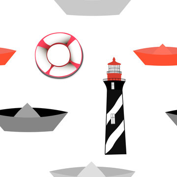 Seamless pattern with lighthouse and boats
