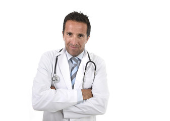 Fototapeta premium corporate portrait of confident 40s attractive male medicine doctor with stethoscope and gown