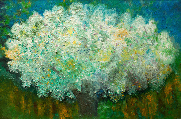 An oil painting on canvas of a dreamy magical tree, original impressionist oil painting, tree of wishes, wishing tree