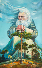 god of forest original oil painting on canvas impressionism painting, an old white hair god, grand magician ruling the world, god-work, the nature spirit.