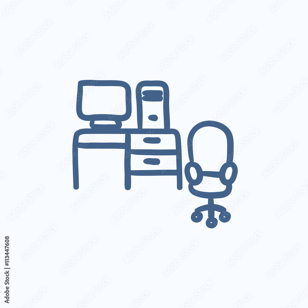Poster computer set with table and chair sketch icon.