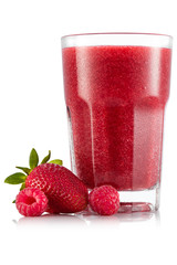 Strawberry and raspberry smoothie in glass - obrazy, fototapety, plakaty
